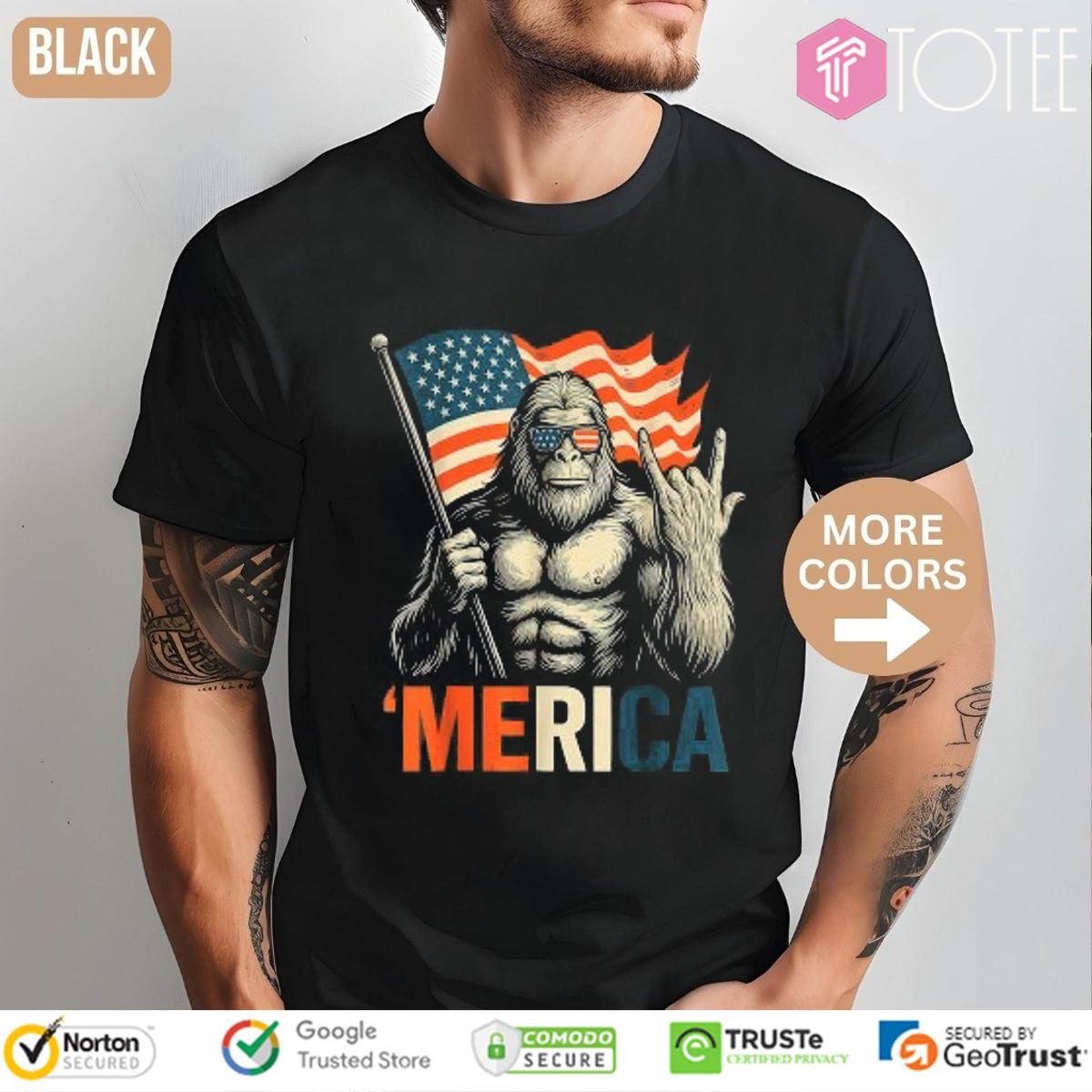 Bigfoot Patriotic Merica Rock Sign American Flag Happy 4Th Of July T-shirt
