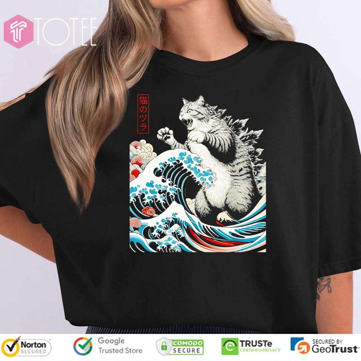 Catzilla Waves Ukiyo-E Parody Godzilla Cat T-shirt