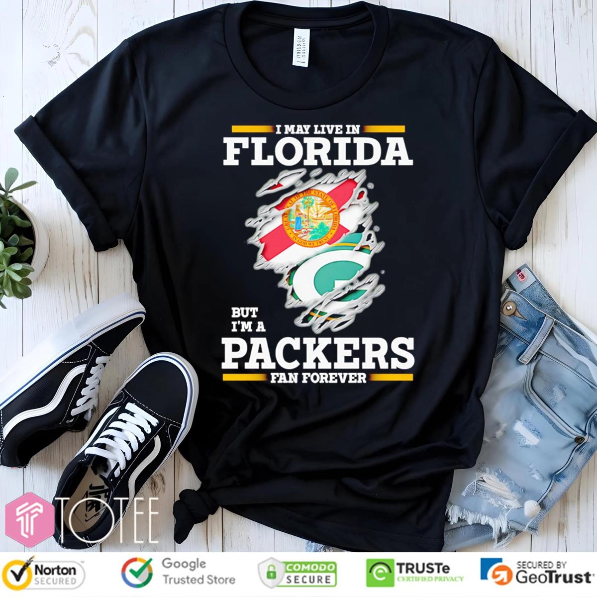 I May Live In Florida But Im A Green Bay Packers Fan Forever Torn T-shirt
